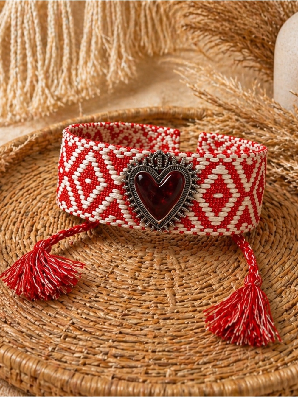 Sweet Alloy Teardrop Heart Braided Red and Cream Beaded Heart Cuff Bracelet NWT